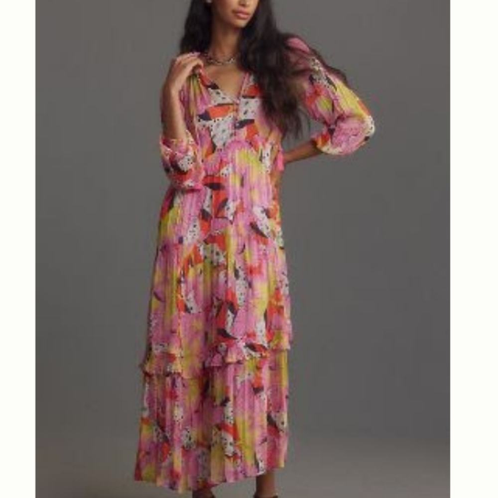 NWT Anthropologie Marais Printed Chiffon Maxi Dress L, XL Yukiko Noritake Canary